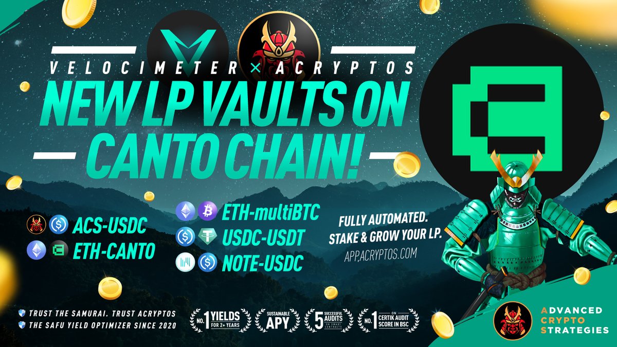 acryptosdao's tweet photo. 🔊New LP vaults are now on @CantoPublic!🔥
🤝Built on @VelocimeterDEX with #ACryptoS strategy
Autocompound at high APY:
ETH-multiBTC 202%
ETH-CANTO 229%
USDC-USDT 20%
NOTE-USDC 19%
ACS-USDC 169%
1️⃣Form LP on https://t.co/R1BFBbiY7a
2️⃣Stake in our vault
🔗https://t.co/Z3BLPLQNkI https://t.co/kiGz3lf1O4