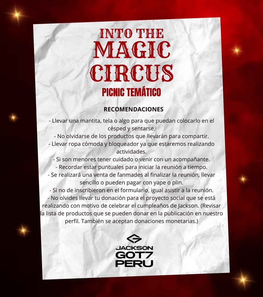 Jackson_G7Peru's tweet photo. ✪ PICNIC - Into the Magic Circus ✪
Nos vemos hoy en el picnic por el cumpleaños de Jackson!!!!
Les dejamos las recomendaciones para poder pasar una linda tarde 💪
Atte.
Jackson GOT7 Peru
#Jackson #JacksonWang #JacksonGOT7Peru #Birthday #BirthdayEvent #Magicman https://t.co/cyv1YdeE66