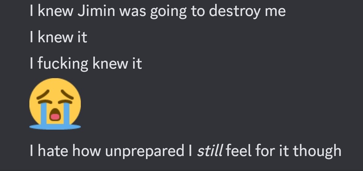 campit1485's tweet photo. Said in a private discord group. I foresaw my destruction yet was utterly incapable of stopping it, @BTS_twt #Jimin_FACE #JiminOnFallon https://t.co/Gzo1xMXscp