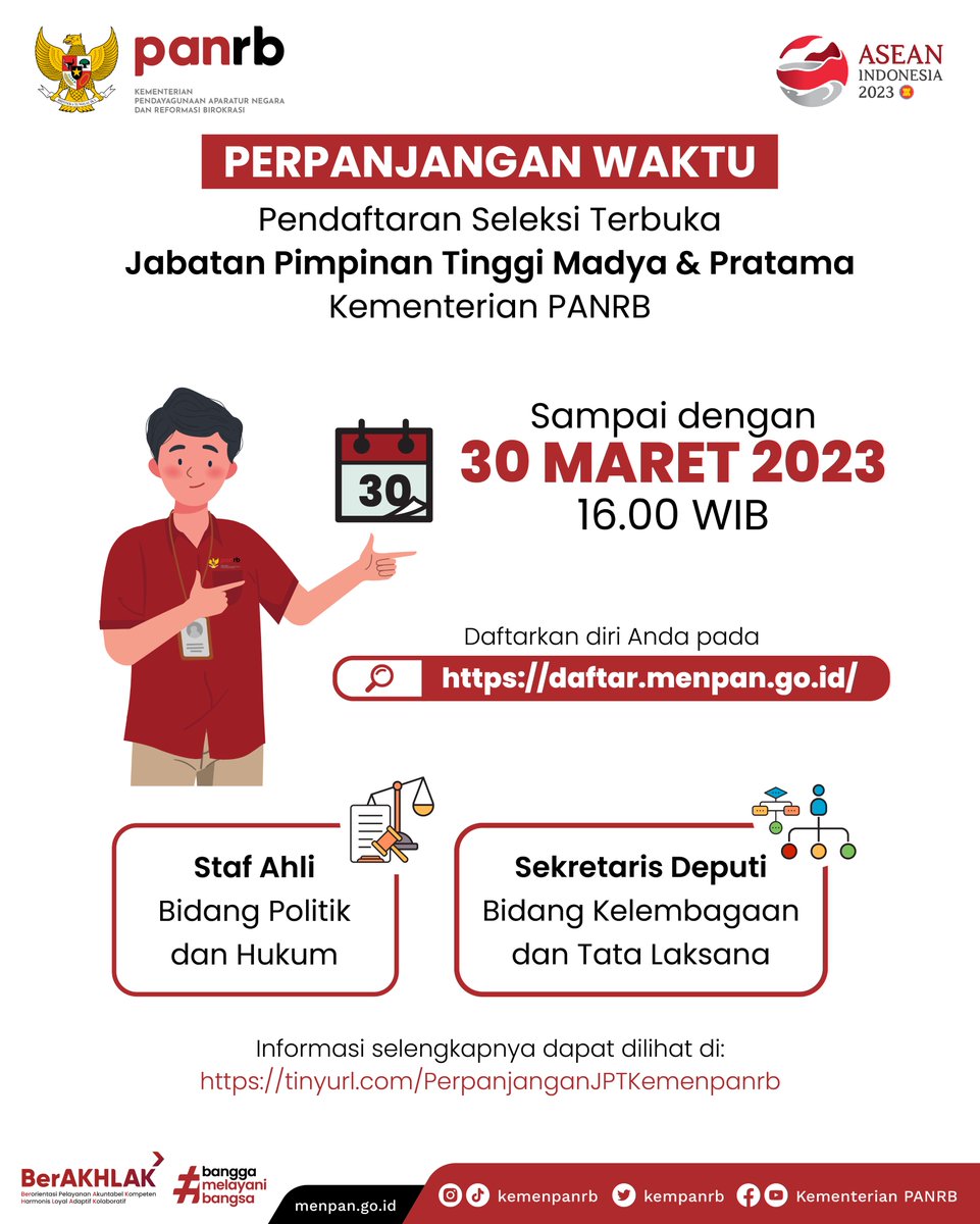 kempanrb's tweet photo. #RekanASN, pendaftaran untuk menjadi Pejabat Pimpinan Tinggi (PPT) Madya dan Pratama di Kementerian PANRB masih dibuka.

Bagi Anda yang berminat dapat mendaftarkan diri di https://t.co/qiUtmUQa4b hingga 30 Maret 2023 pukul 16.00 WIB.

Selengkapnya: https://t.co/oVVucXNdVQ https://t.co/fiJJ5hO2AJ