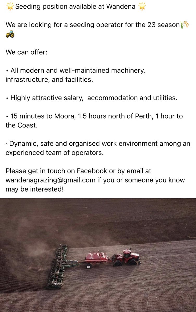 Seeding operator position available close to Perth if you know someone interested get in touch