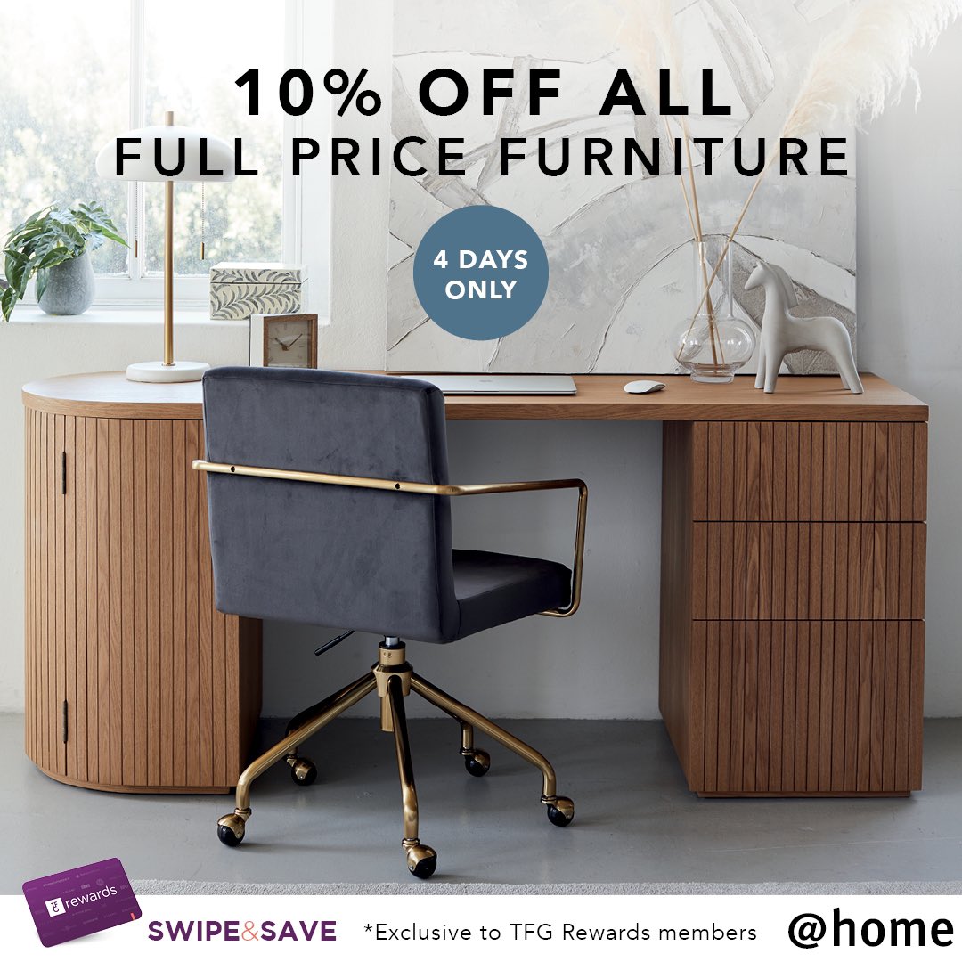 Southgate_JHB's tweet photo. THIS WEEKEND ONLY!
Exclusive to TFG Rewards members! Shop your favourite furniture from @home in store between 24 - 27 March and get 10% off all full-priced furniture.
Visit @home, Southgate.
Ts & Cs apply.
#SouthgateMall #ThereIsMoreForYou https://t.co/jBR0VBb3k0