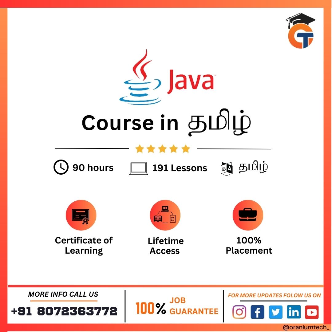 TechOranium's tweet image. Java Course in தமிழ்
.
And with a Certificate of Learning, Lifetime Access, and a 100% Placement guarantee, you can be sure that your investment in your education will pay off.
.
.
Follow us on all sides for more updates!
.
.
.
#otech
#oraniumtech
#JavaCourse
#LearnInTamil