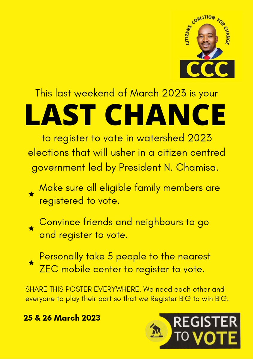 FungaiChiposi's tweet photo. Good morning Champion. Today, we should spread word like we are possessed. Share everywhere.
#RegisterBIG
#WinBig
#OnePlusFive
#RegisterToVoteZW
@nelsonchamisa @advocatemahere @Cde_Ostallos @DarkForceGirl01 @mutsamu @JoanaMamombe @lisah_ncube @gladyshlatywayo @DuchessTalitha https://t.co/7ogCZYju1X