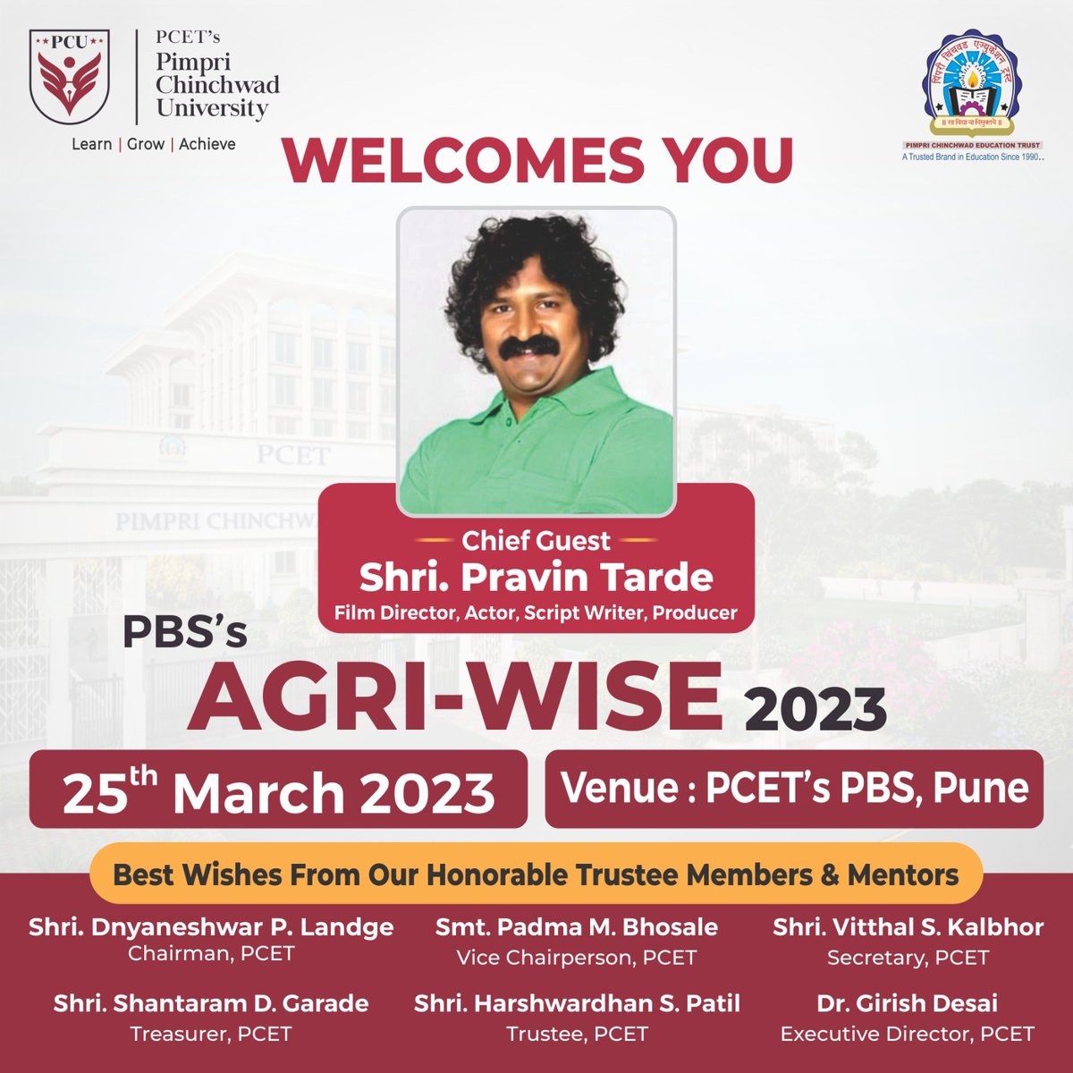 PCUPuneOfficial's tweet photo. Pimpri Chinchwad University ( PCU ) welcomes Chief Guest 𝐇𝐨𝐧. 𝐒𝐡𝐫𝐢. 𝐏𝐫𝐚𝐯𝐢𝐧 𝐓𝐚𝐫𝐝𝐞- Film Director, Actor, Script Writer &amp; Producer for 𝐀𝐠𝐫𝐢-𝐖𝐢𝐬𝐞 𝟐𝟎𝟐𝟑- 𝐍𝐚𝐭𝐢𝐨𝐧𝐚𝐥 𝐒𝐞𝐦𝐢𝐧𝐚𝐫 𝐨𝐧 “𝐑𝐨𝐥𝐞 𝐨𝐟 𝐘𝐨𝐮𝐭𝐡 𝐢𝐧 𝐀𝐠𝐫𝐢𝐜𝐮𝐥𝐭𝐮𝐫𝐞”. https://t.co/DFiawAWpga