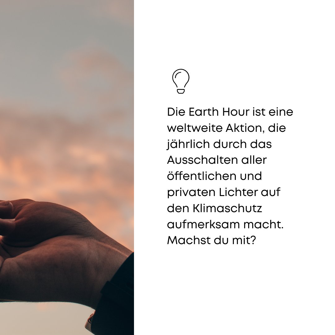 Heute findet wie jedes Jahr wieder die Earth Hour statt. 
Mit dieser Klimaschutz-Aktion fordern Menschen weltweit entschlossenere Klimaschutz-Maßnahmen. Denn wir brauchen möglichst schnell Veränderung, um die Energiewende voranzutreiben. Bist du dabei?
#earthhour #earthhour2023