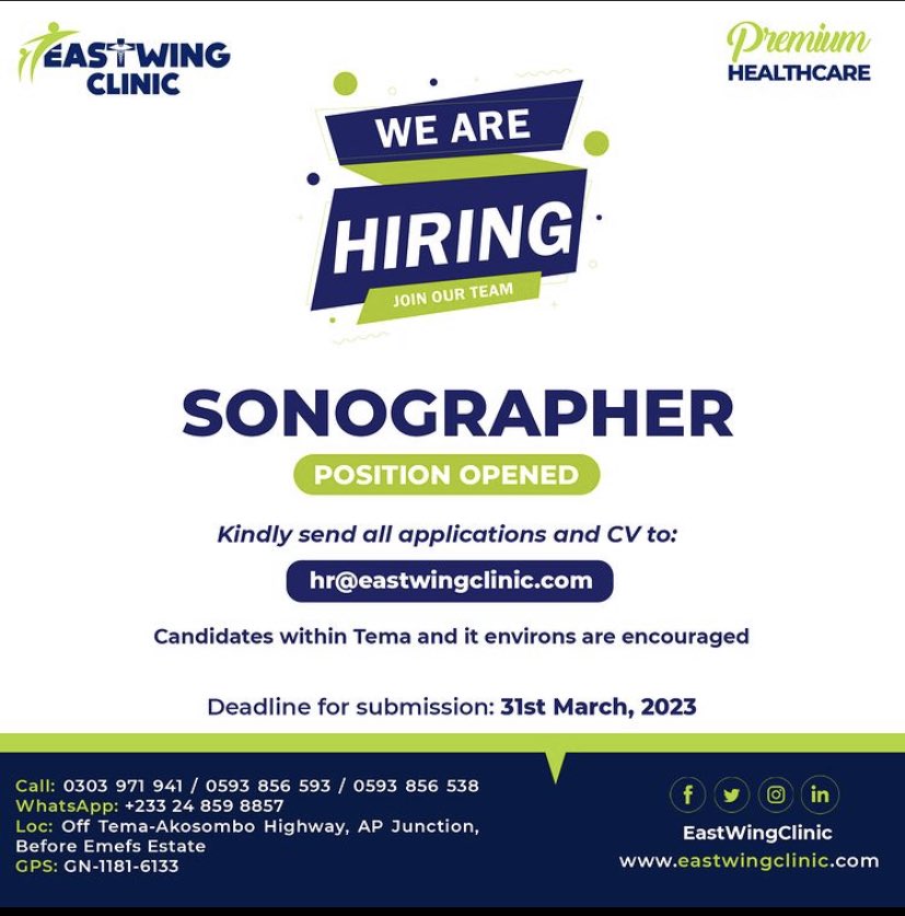 Eastwing clinic is hiring a medical officer &amp; a sonographer
deadline: march 31st

@eastwingclinic
—————————————————
#jobseekers #jobsinaccra #jobsinghana #accrajobs #vacanciesghana #vacanciesinaccra #hiring #findajobghana #jobopportunitiesghana