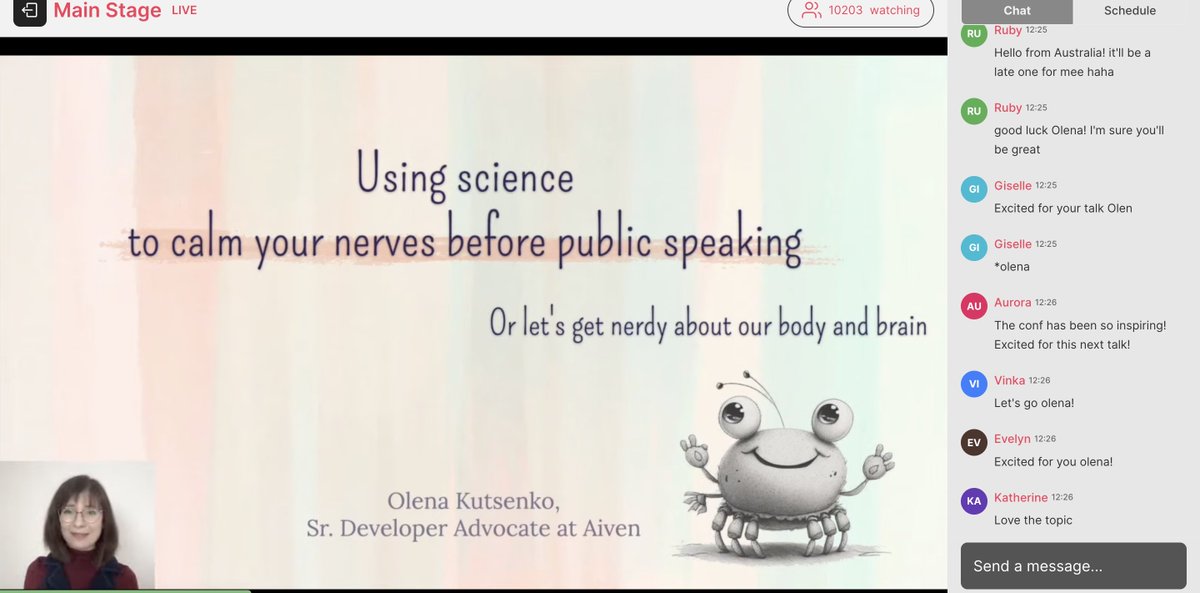 Let's kick off with amazing <a href="/OlenaKutsenko/">Olena Kutsenko</a> from <a href="/aiven_io/">Aiven</a> on Using Science to Calm Your Nerves Before Public Speaking!

Join live: live.femtechconf.com/stage/a

#FemTechConf #Womenintech #publicspeaking