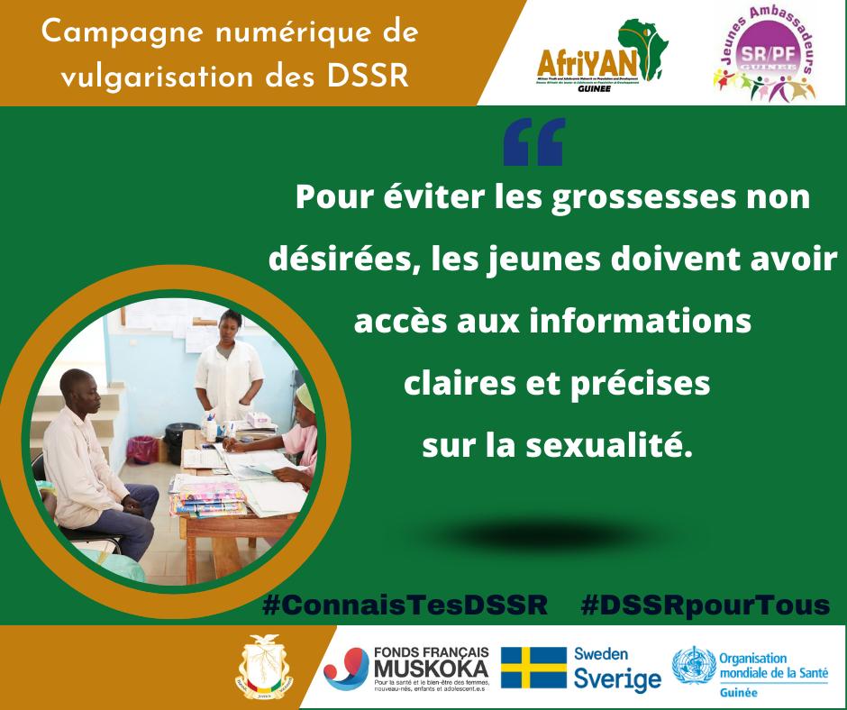 Pour éviter les grossesses non désirées, les jeunes doivent avoir accès aux informations claires et précises sur la sexualité.
#ConnaisTesDSSR
#DSSRpourTous

<a href="/guinee_oms/">OMS Guinée</a>
<a href="/ffmuskoka/">FondsMuskoka</a>
@sweden
<a href="/jasrpfguinee/">Réseau JA SR/PF Guinée</a>