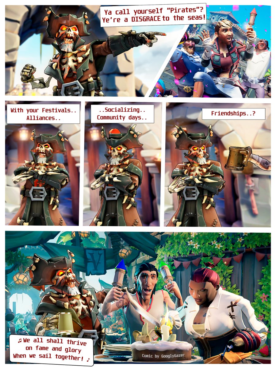 GooglyGazer's tweet photo. "Flameheart's Reaction to Community Day"
A #fanart comic created in Source Filmmaker/photoshop, to celebrate #SoTAnniversaryPromo. 

My first piece of Fan-art submitted on a Community Day! 🔥

Lets get the grade up and celebrate the 5th Anniversary of @SeaOfThieves @RareLtd! https://t.co/PBbQD850HA