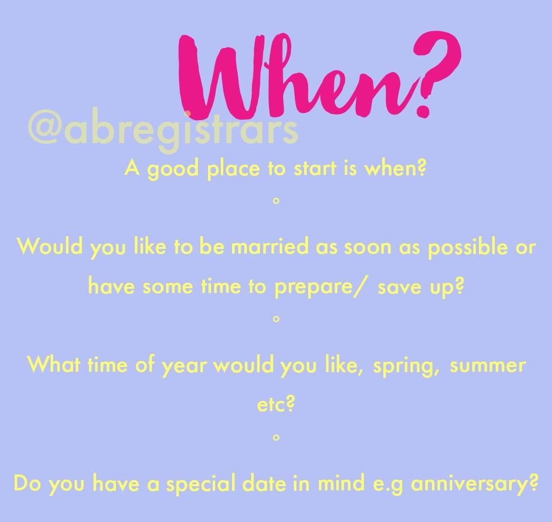 abregistrars's tweet photo. Want to get married but not sure where to start?
The 4 W's (when, where, who & why) can be a good place to start to get the basics together.
Lets start with when...
#abregistrars #abplace2wed #weddingquestions #when https://t.co/ZnS5i09o5D