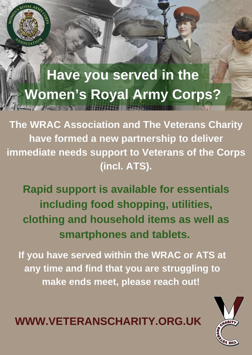 Please RT. If you (or a woman you know) served in the WRAC and find yourself battling hardship, please reach out!

Our partnership with <a href="/WRACAssociation/">WRAC Association</a> has been created to deliver rapid support for essentials such as food, utilities and clothing.

veteranscharity.org.uk/sprtreq