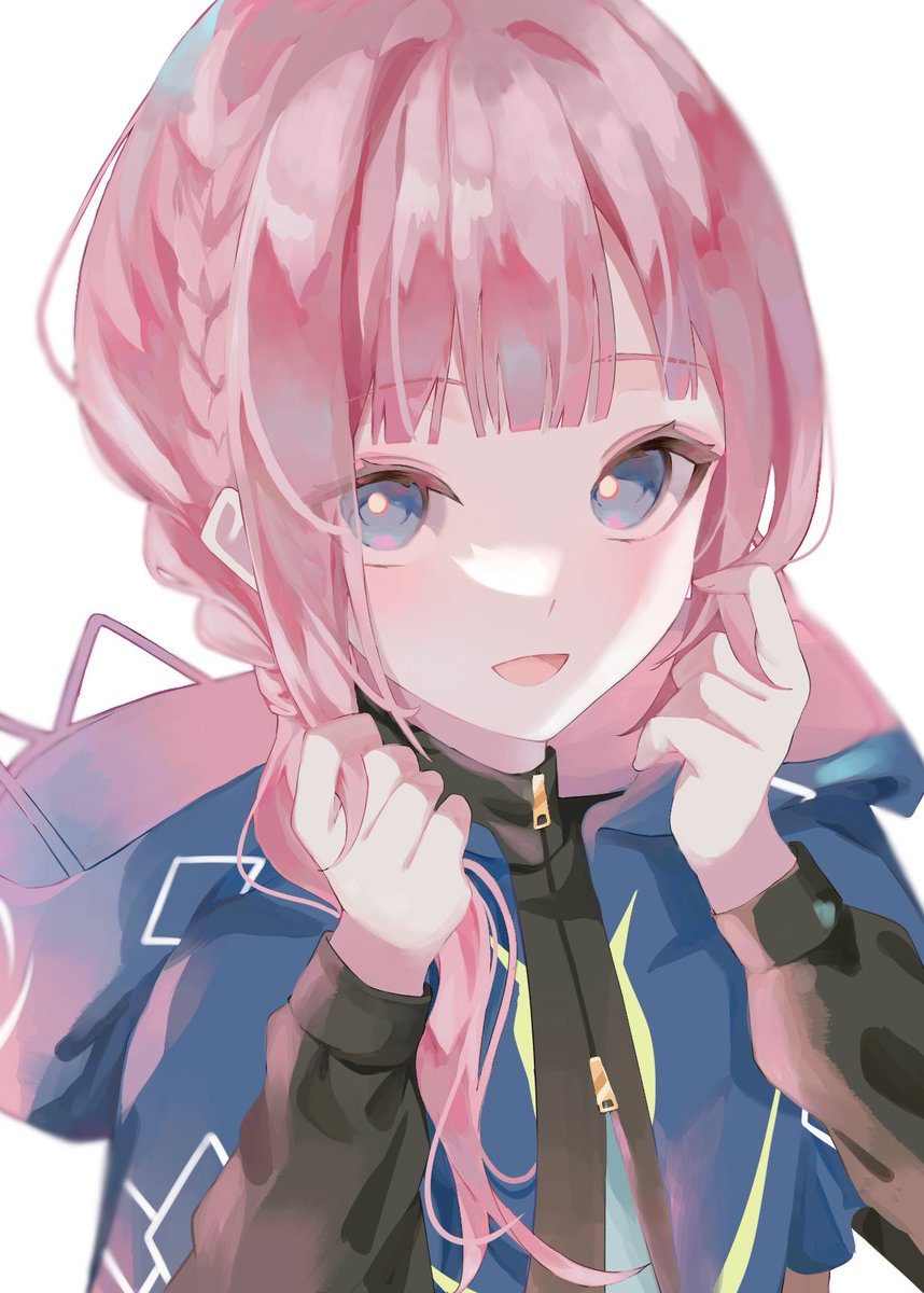 kaf (kamitsubaki studio) 1girl solo pink hair braid hood looking at viewer white background  illustration images