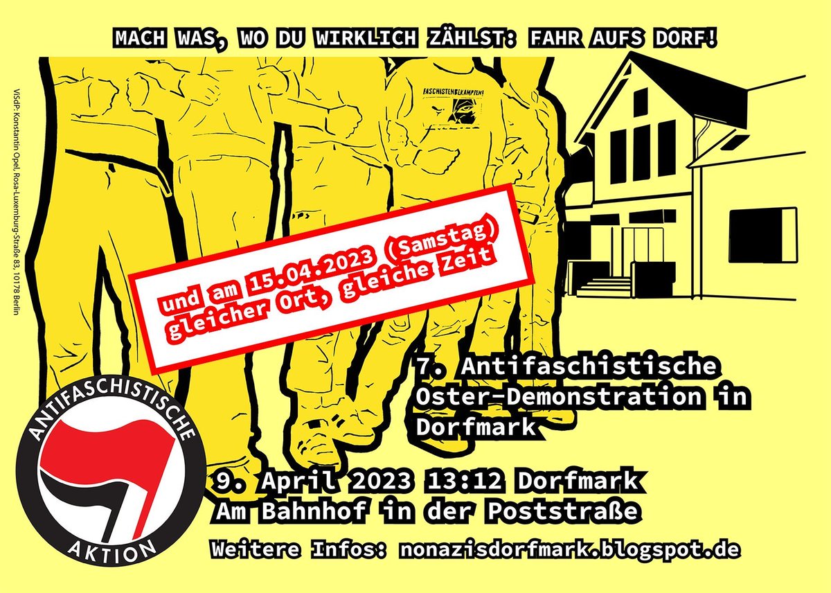 Aus diversen Quellen gibt es Infos, die nur den Schluss zulassen, dass die #Ludendorffer sich auf zwei WEs vorbereiten. Daher gibt es jetzt zwei Demos: Am Ostersonntag und am 15.04. 

Mehr Infos: nonazisdorfmark.blogspot.com/2023/03/update… 

#Dorf0904 #Dorf1504 #nonazisnds #nonazishh #svw #fcsp