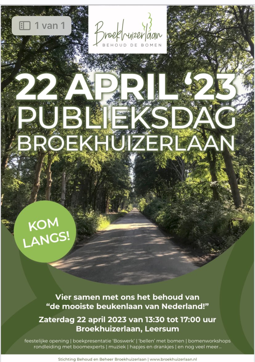 Save the date! Op 22 april is de Publieksdag #Broekhuizerlaan bomvol #bomeninspiratie 🌳🌳🤩🤩 
Met een oa boekpresentatie, onhulling van welkomstbord, een aardetelefoon, workshop en rondleiding en meer 💫💫💫 
Hou onze socials en website voor meer info en weest welkom 💚💚💚