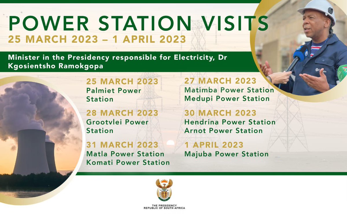GCISMpumalanga's tweet photo. Minister in the @PresidencyZA responsible for Electricity Dr Kgosientsho Ramokgopa will visit @Eskom_SA Power stations in Mpumalanga from 25 March 2023 -01 April 2023. #Electrity #Eskom #LeaveNoOneBehind https://t.co/6hsthRcayu
