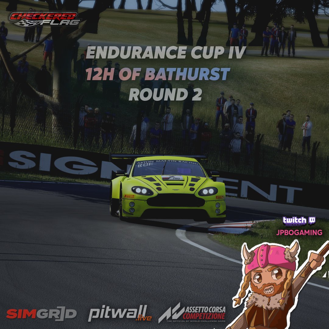 CheckeredFlagDE's tweet photo. Stream is live! Let's go - 12h Bathurst @JBlumentrath 
🕐 Race Start 13.00
https://t.co/nXnH5R0tx7
#assettocorsacompetizione #Simracing #eSports https://t.co/T3SvxJE7Bd