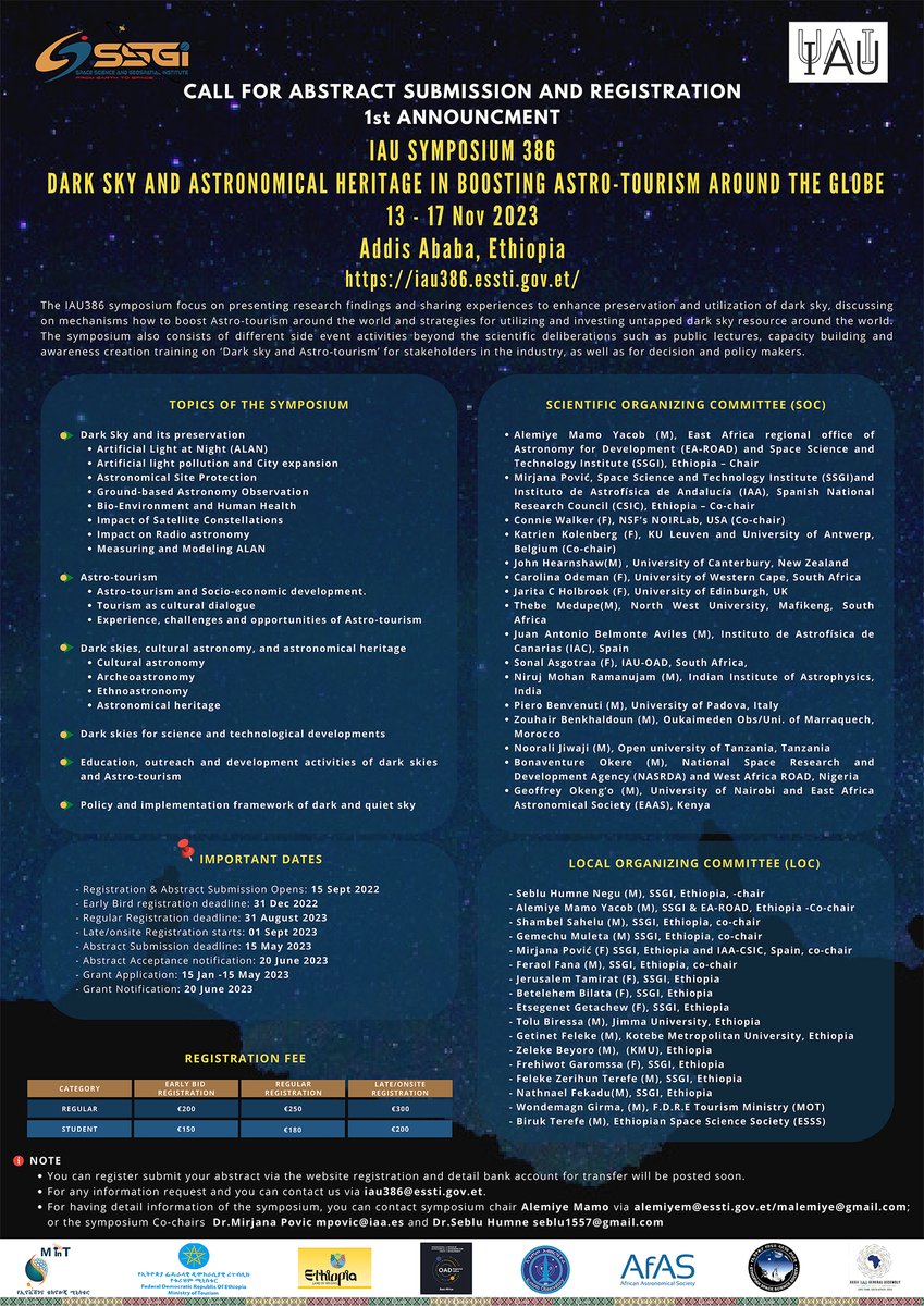 IAU_org's tweet photo. The IAU Symposium 386 on "Dark Sky and Astronomical Heritage in Boosting Astro-tourism around the Globe" will be hosted from November 13 to 17 in Addis Ababa, Ethiopia. 

Read more details about the Symposium here:
https://t.co/MHIRGM3CtE
#IAUS386 https://t.co/rUJTcwHj6X