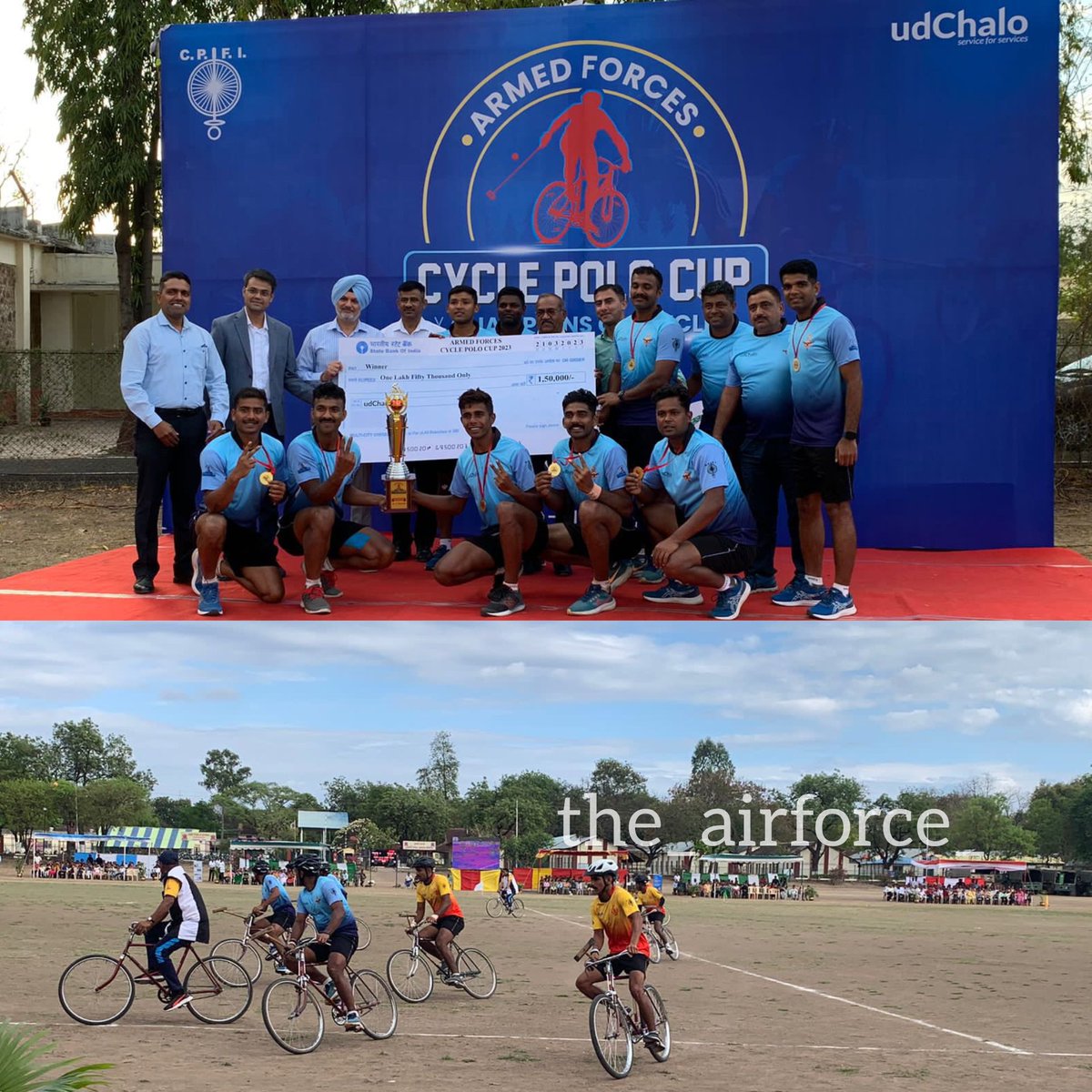 Theairforce7's tweet photo. 🎉🎉 CONGRATULATIONS!!
'Team #IndianAirForce' lifts the "Armed Forces Cycle Polo Cup- Champions On Cycle" Winner Trophy, with a thrilling victory in the finals! 🏆🚴♂️
#IndianAirForce
#CyclePolo #udChalo #serviceforservices
#the_airforce_ https://t.co/sVLOv0jjZG