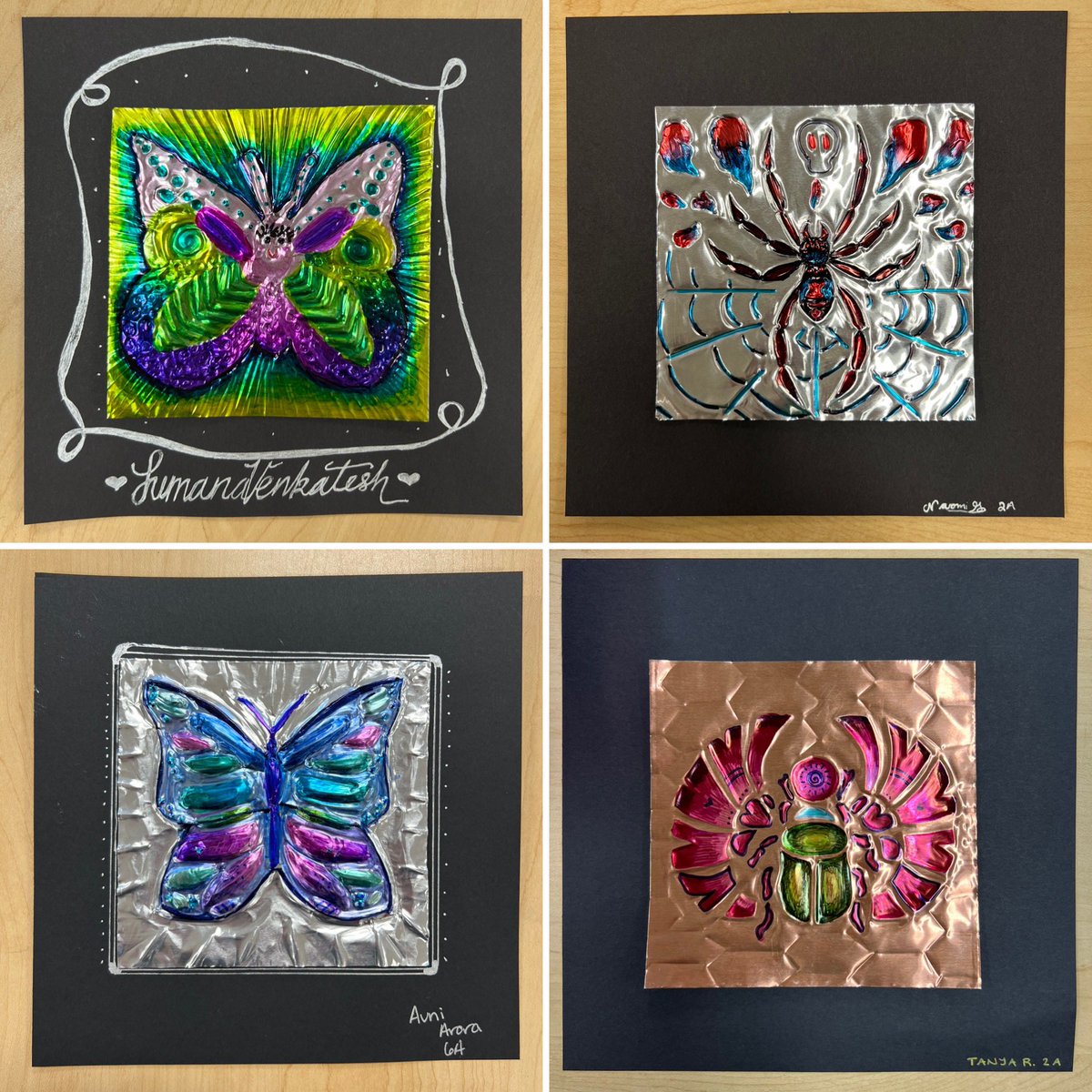mrsthiele's tweet photo. Beautiful Bugs were created by 7th graders using metal tooling with Sharpie and gel pens. 🦋🐞🐝🕷️@BAM_MS_Official @OrrBAM #metaltooling #bugs #insects @Sharpie #metalart #art #artlesson #artteacher #middleschoolart #k12artchat #arted #Butterflies #metallic #beautiful https://t.co/zApY1i7gaF