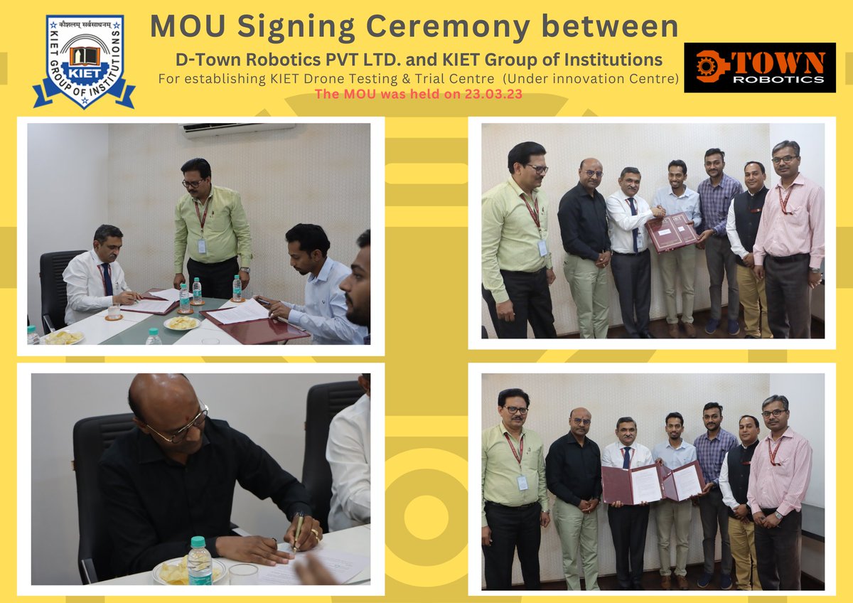 Kiet_edu's tweet photo. Exciting news! KIET Group of Institutions and D-Town Robotics PVT LTD. have signed an MOU to establish the KIET Drone Testing & Trial Centre (Under the Innovation Centre).
#kiet_group_of_institutions #KIETGZB #KIET #AKTU #AICTE #DTownRobotics #DroneTesting #InnovationCentre https://t.co/j0Sa7lGSPz