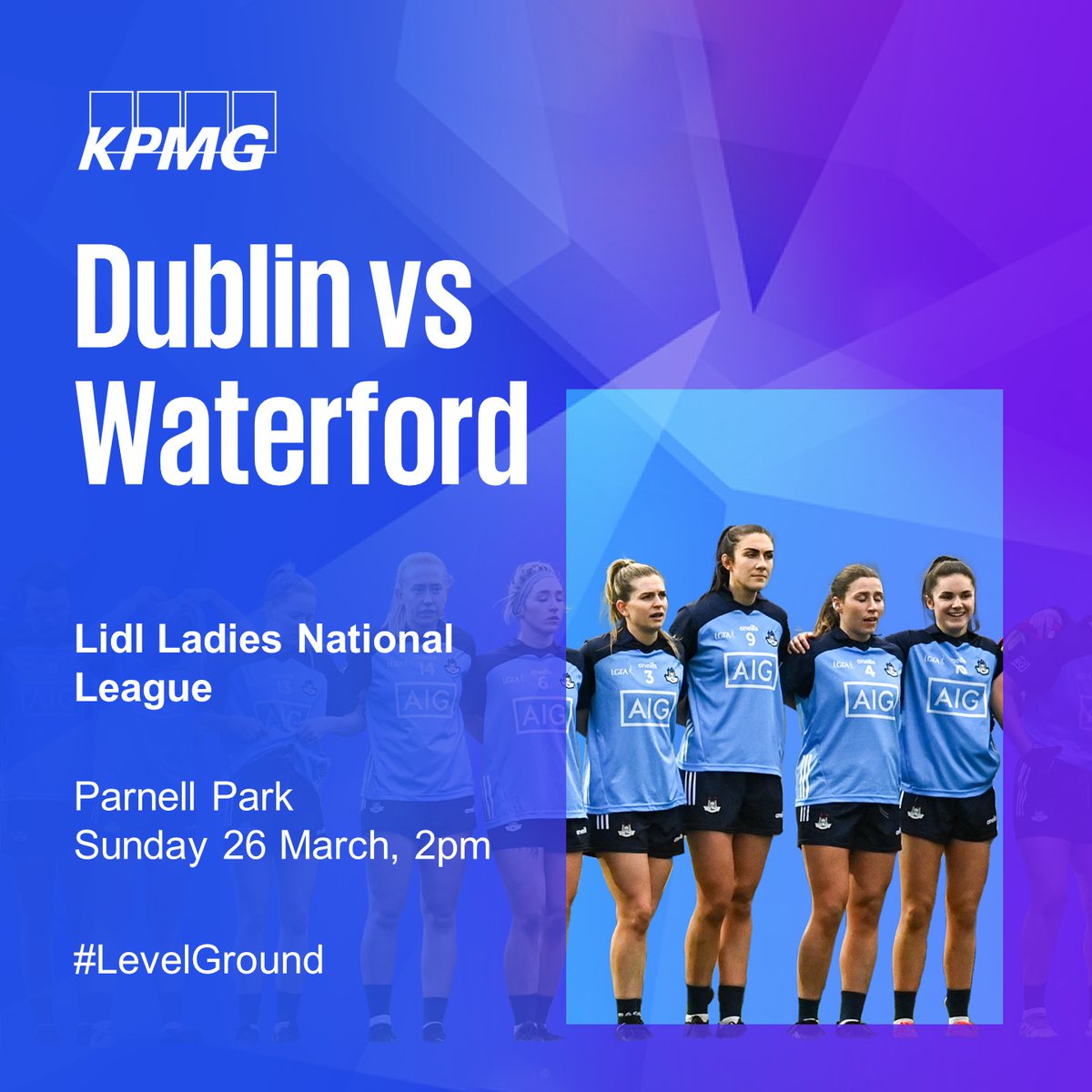 KPMG_Ireland's tweet image. Game day tomorrow🏐 Dublin vs Waterford in round 7 of the Lidl National League. Throw-in is at 2pm in Parmell Park. Proud supporters of Dublin LGFA. #LevelGround
