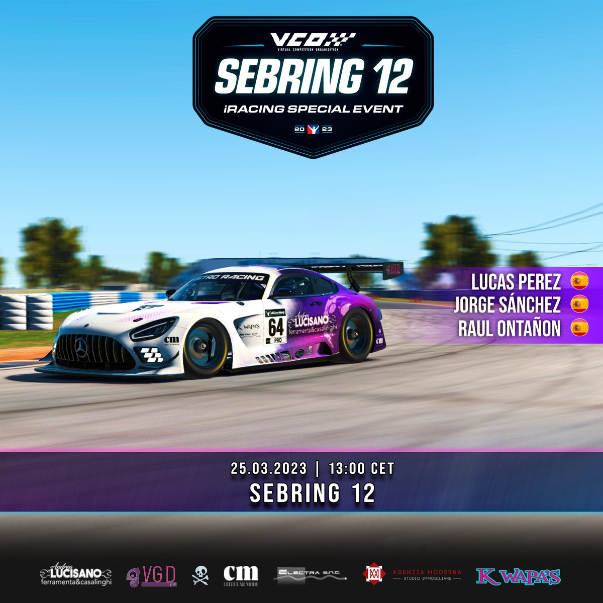 🔥 ¡Sebring 12H! 🔥

Por fin llegaron las 12h de Sebring, este año tendremos 4 coches en pista 👀

Astro Racing Cellular Mode:

<a href="/Lprz33_/">Lprz33</a> 🇪🇸
<a href="/raul_onta17/">Raúl Ontañón</a> 🇪🇸
<a href="/jorgxtolover/">Jorgito🥶</a> 🇪🇸