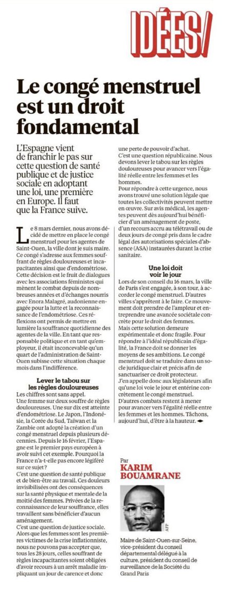 karim_bouamrane's tweet photo. ´Le congé menstruel est un droit fondamental ´. Ma tribune publiée dans @libe du 23 mars 2023 @villesaintouen @EnoraMofficiel @laurossignol @l_amf. https://t.co/hSIHbYg2A5