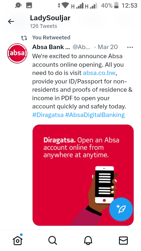 LadySouljar's tweet photo. @bambi_trimom @AbsaBotswana #AbsaBotswana 🇧🇼
#WeLoveAfricanaCity ❤️
#AbsaDigitalBanking 📲
#GetThingsDone 🔝
#Diragatsa ☑️ https://t.co/GP46ofOa2e