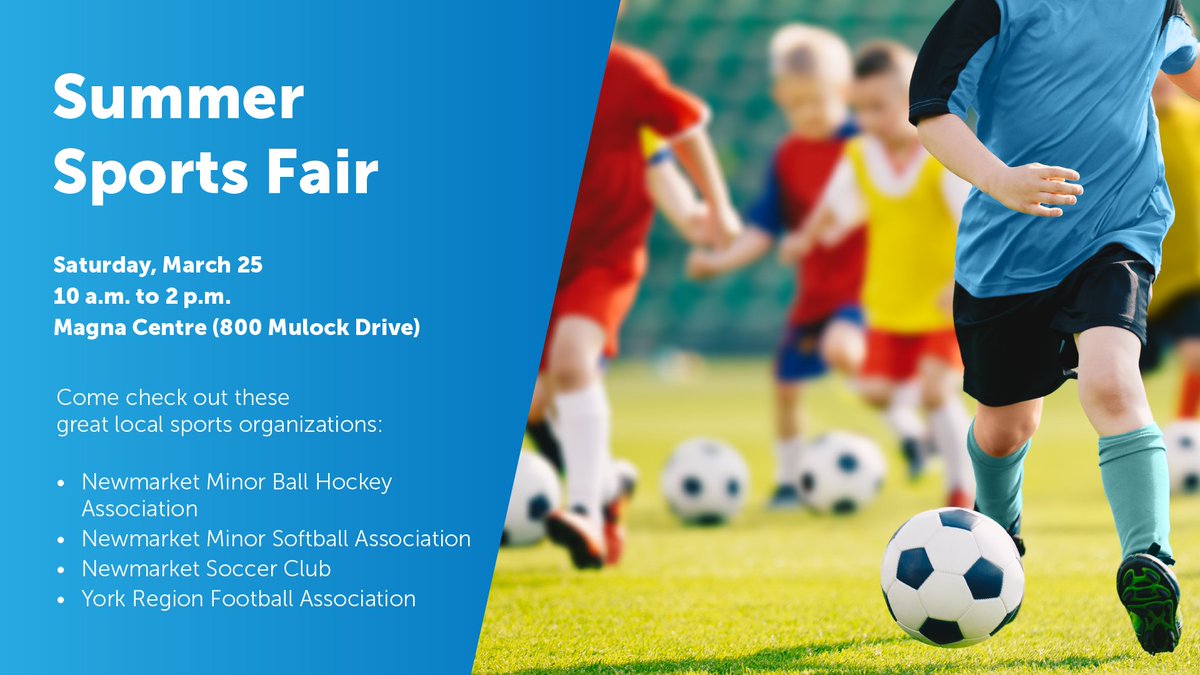 TownofNewmarket's tweet photo. 🚨Join us today (March 25) for our Summer Sports Fair! Learn more about #Newmarket’s local minor sports organizations and how to get involved!

📍 Magna Centre (800 Mulock Drive)
🕙10 a.m. to 2 p.m.

Info: https://t.co/269bVvIsII https://t.co/8x2aeIXF1C