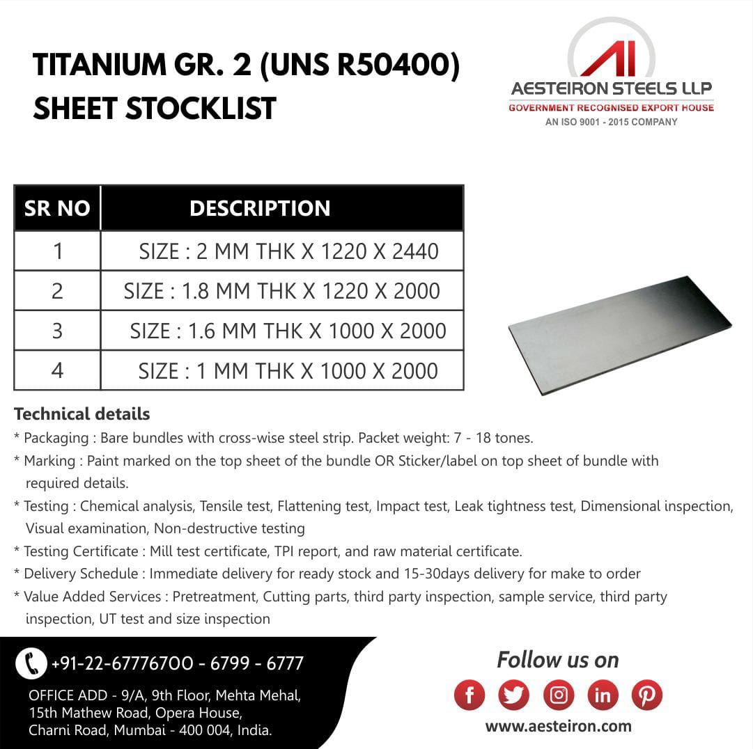 aesteironllp's tweet image. Check Our Latest Stock of Titanium Sheet Gr.2
#titaniumgrade2 #titaniumsheet#titanium #titaniumproducts #titaniumstockist 
.
.
aesteiron.com/titanium-sheet…
.
Interested in the cost of Titanium Sheet? Click to chat with our sales team to get an instant quote on aesteiron.com
