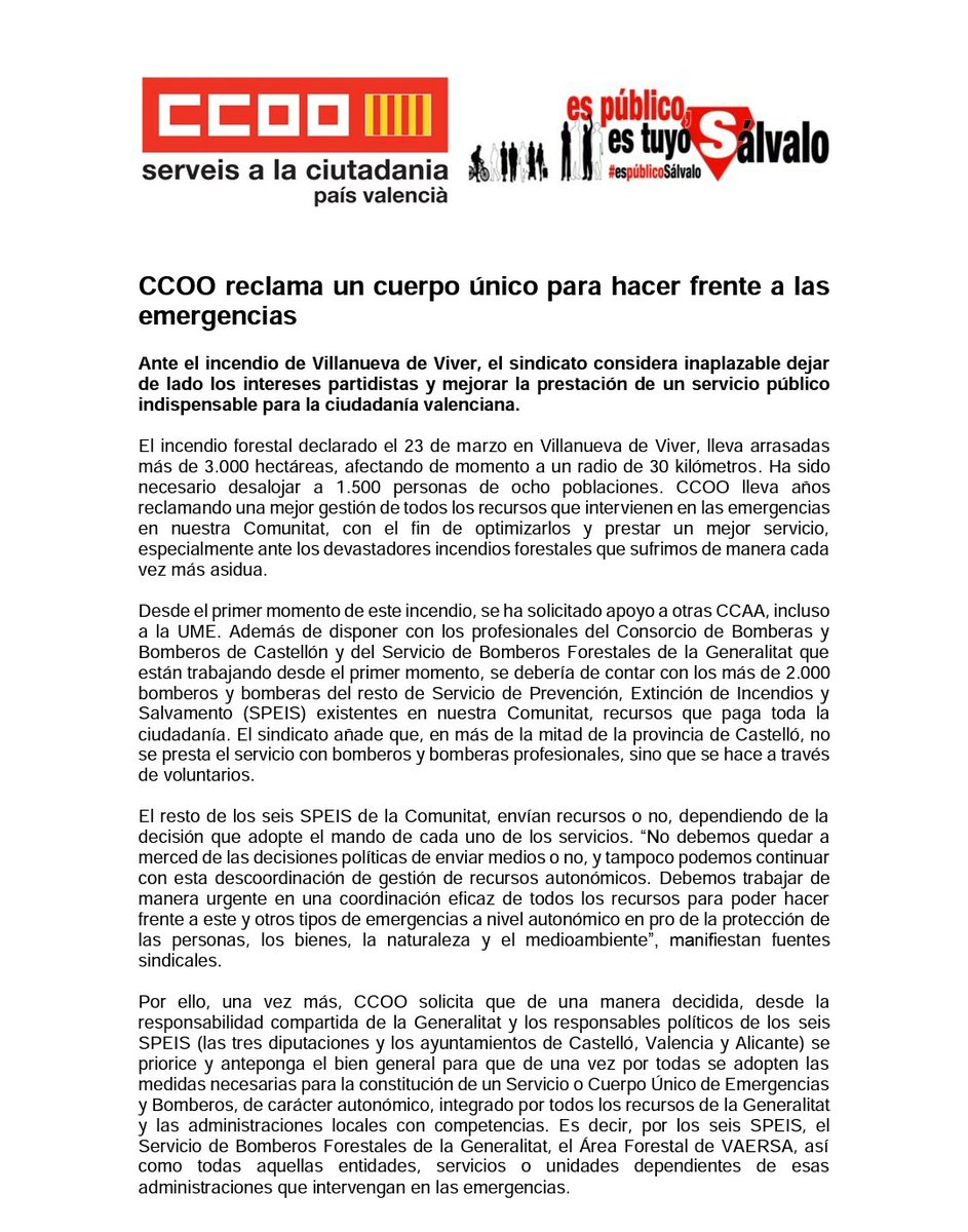 fscccoopv's tweet photo. Ante el incendio de Villanueva de Viver la @fscccoopv reclama de nuevo un cuerpo único para hacer frente a las emergencias. Consideramos que no debemos quedar a merced de decisiones políticas de enviar medios o no.
👇👇
https://t.co/GdRrmBERmB
👇👇 https://t.co/W9KUo0kOQP