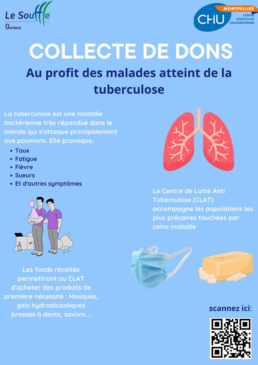 Dans le cadre de la journée mondiale de la tuberculose le Souffle  occitanie s’associe au CLAT de Montpellier pour une collecte de dons. Pour participer rien de plus simple : 
 Il suffit de flasher le QR Code et vous serez redirigé vers le site de la collecte. Merci à tous