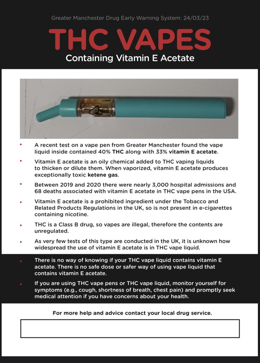 CAUTION! 24 Feb 22 Vape e-Liquid, confirmed by @MANDRAKE_LAB, to  contain vitamin E acetate (-tocopheryl acetate) that has the potential to  cause lung damage if inhaled, circulating in #Manchester. If unwell please