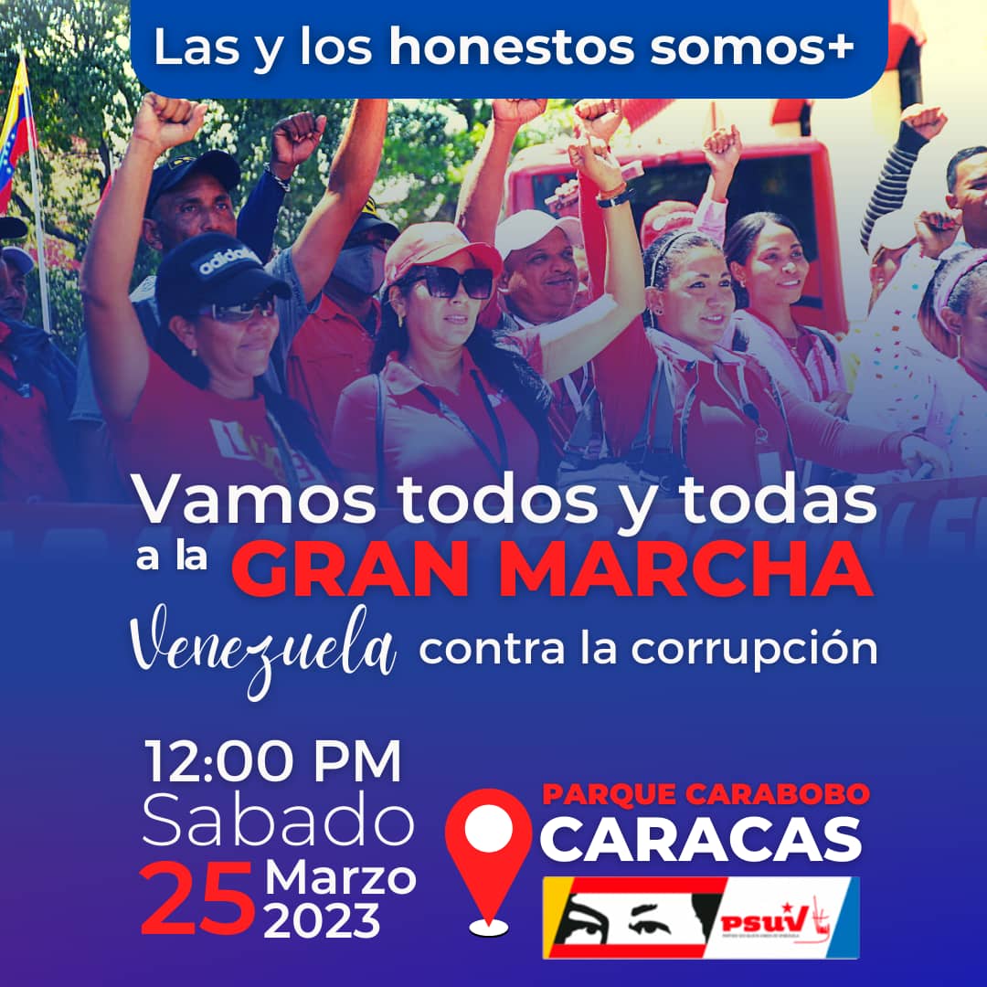 Venezuela en marcha contra la corrupción: LAS Y LOS HONESTOS SOMOS +

Vamos todas y todos a concentrarnos a las 12. 00 PM en Parque Carabobo (Frente al MP) 📝 

¡Las y los esperamos! 🙋🏻‍♀️🙋🏾‍♂️🙋🏿‍♂️🙋🏾

#VenezuelaContraLaCorrupción