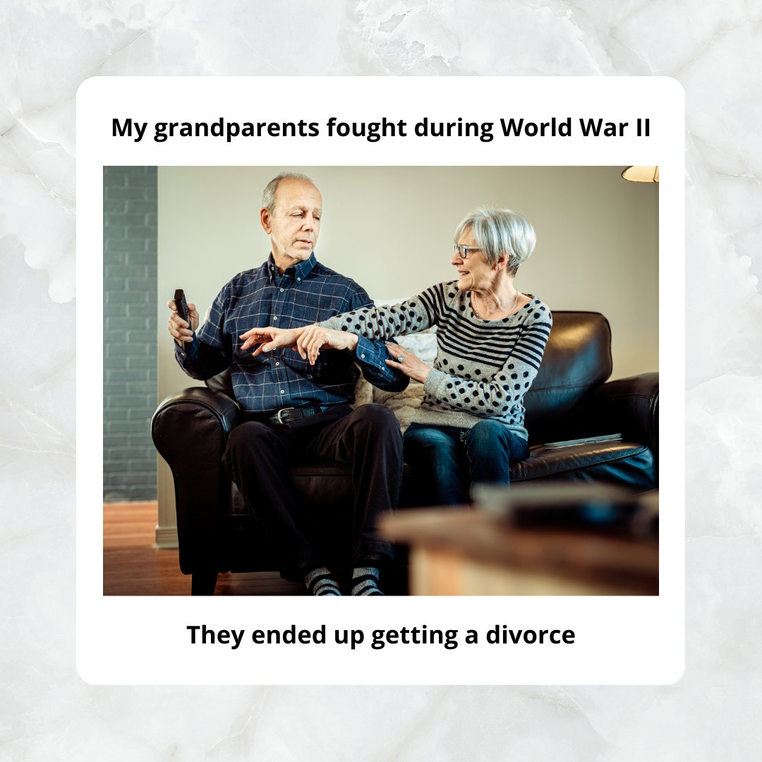 EsqFero's tweet photo. When you fought the Axis powers together, but couldn't win the battle against each other. 😂

#Divorce #Grandparents #WorldWarII #MarriageHumor #DivorceHumor #LOL #Jokes #DivorceHumor #Meme https://t.co/2p3tq7V3NI