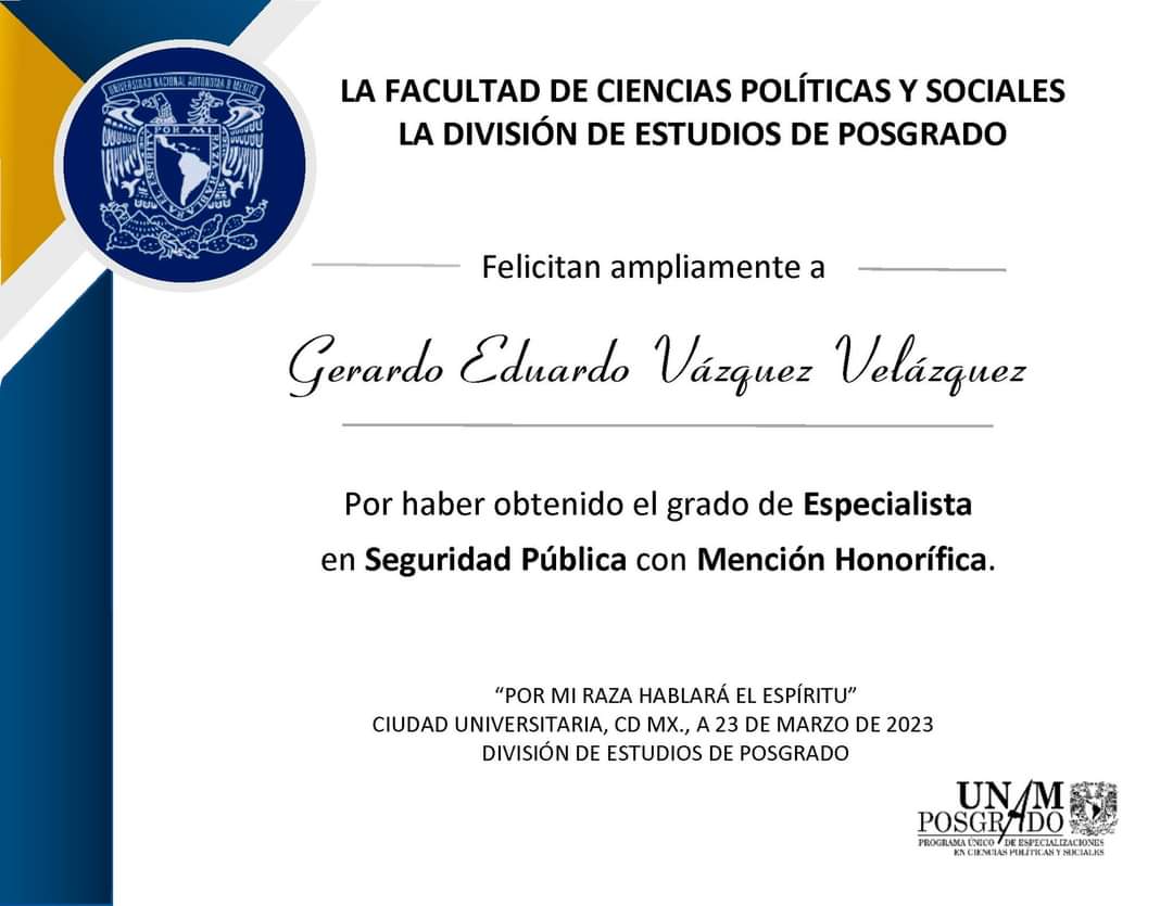 HadesVelazquezV's tweet photo. XV años de estudiar en la #UNAM resumidos en la obtención del grado de Especialista en Seguridad Pública con Mención Honorífica 📜💯👑 

#posgrado #seguridadpublica #FCPyS https://t.co/6yEHjlBF56