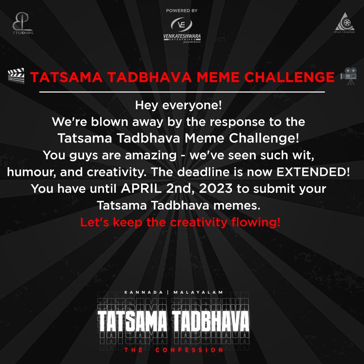 TatsamaTadbhava's tweet photo. Well done, people! We can’t wait to see more of what you have got Tatsama Tadbhava. Participate and WIN BIG!
It’s MEME Time!
Participate, show off your creativity and WIN BIG!
#tatsamatadbhavamemechallenge #pbstudios #anvitcinemas #kannadamemes #tatsamatadbhava #Sandalwood https://t.co/y54tSudHSp