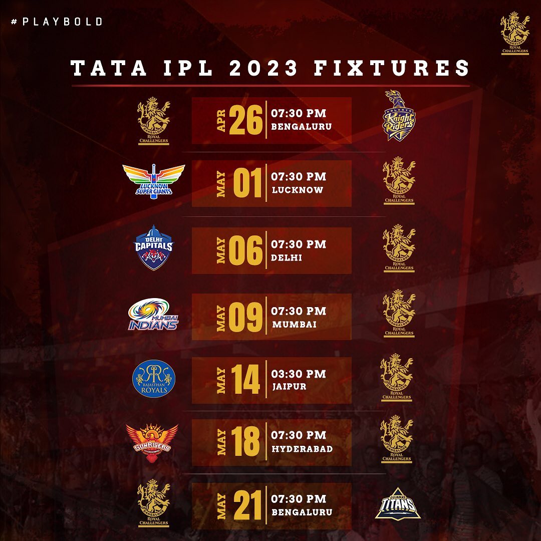 AkkiVinaymj's tweet photo. Royal Challenger Benguluru ipl2023 schedule
#IPL2023
#ViratKohli𓃵
#MSDhoni
#RCB
#RoyalChallengersBangalore
#readyforipl https://t.co/lZE3VjUhdS