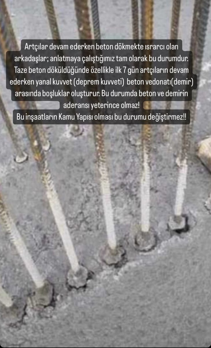 Değerli Arkadaşlar,

Son iki günde ilimizde hissedilen 4 ve üzeri 9 adet artçı deprem gerçekleşti.

Lütfen beton dökümlerimizi belli bir süre DURDURALIM!

Normalleşmeyi bizde çok istiyoruz

ama 4 ve üzeri Artçı depremlerin sık olduğu bir süreçte beton ve demir arasında aderans