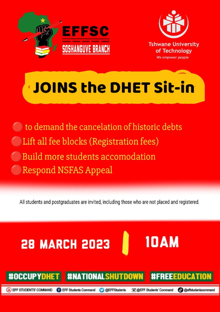 JuliusMohadi's tweet photo. EFFSC to Join the DHET Sit-in

#OccupyDHET
#EFFTurns10 
#NationalShutdown
#Freeducation https://t.co/RWdEnhaU7h