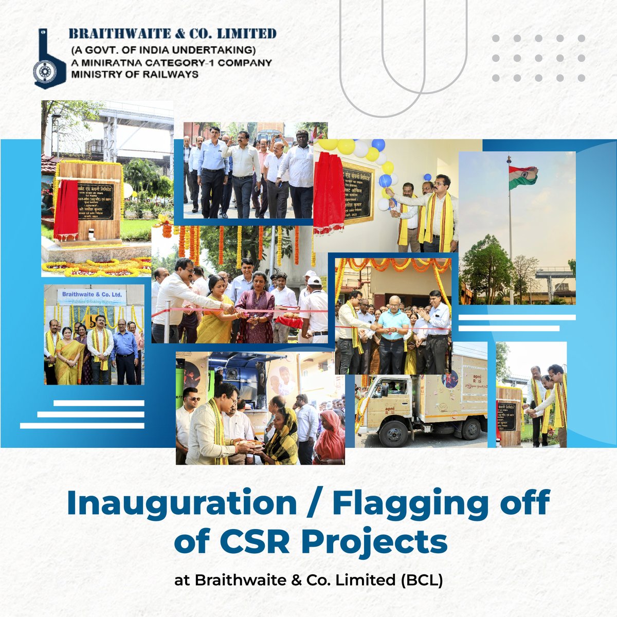 BraithwaiteKol's tweet photo. Inauguration / Flagging off of CSR Projects at Braithwaite & Co. Limited (BCL)
#BCL #Braithwaite #BraithwaiteCSR #HealthAndNutrition #RotiVan #FlagOff #Inauguration #Kolkata #RoadSafety #EnvironmentalSustainability #NationalIntegration #PrideOfTricolour #BetterWorkEnvironment https://t.co/FmCzrrH4uW