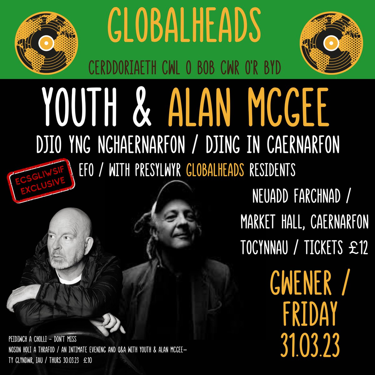 **BREAKING NEWS** Special Guest DJ Alan McGee @itscreationbaby joins @youthmartin on stage in Caernarfon! A truly unique opportunity to hear a pair of music industry heavyweights share their favourite tunes for your dancing pleasure in the Market Hall! @DJfflyffilyfbbl @9Bach