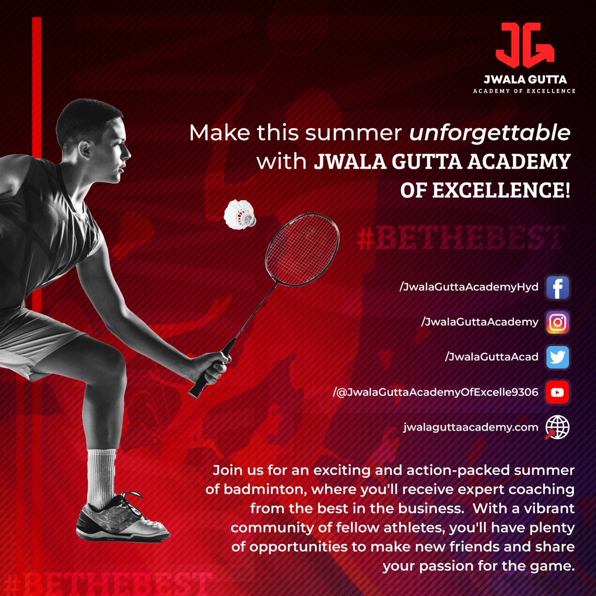 At Jwala Gutta Academy of Excellence, you'll have everything you need to enjoy summer while honing your skills. So why not make this summer one to remember?

Join today!
Contact: +91 8886166211
 
#JwalaGuttaAcademy #SummerFun #BeatTheHeat #BadmintonTraining   #BadmintonLove