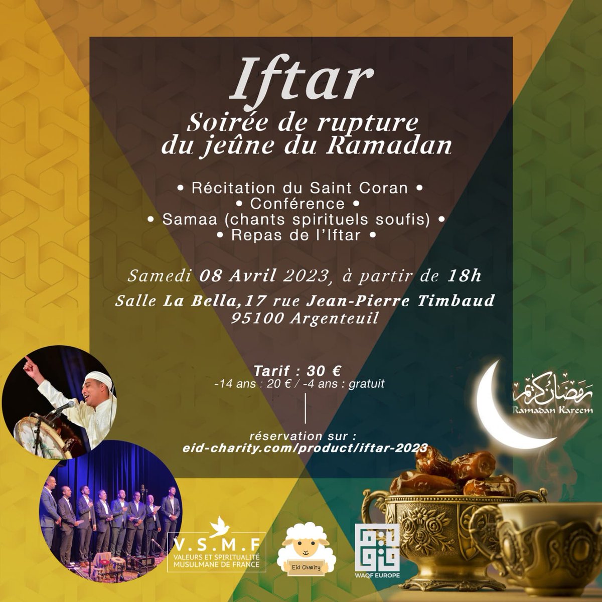 AssoVSMF's tweet photo. Samedi 8 avril à 18h, venez célébrer les valeurs spirituelles de ce mois béni lors d'une soirée de rupture du jeûne et concert de chants soufis.  
Co organisé avec Eid Charity ✨️
↪️ Lien pour réserver : https://t.co/7cPwNkQqFo https://t.co/svlkb6N5NY