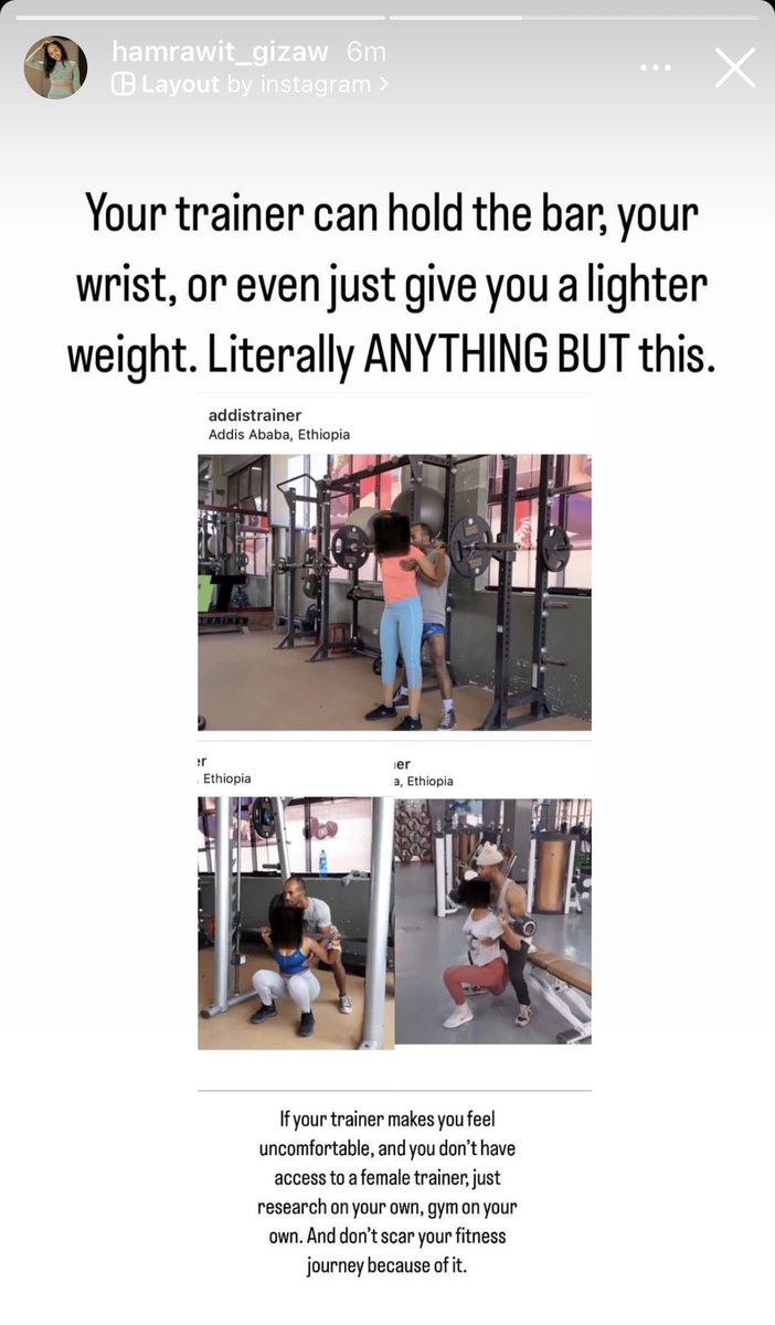 Friends, this is serious. There’s a “trainer” molesting women and posting it on Instagram. Please help raise awareness of this. 

Ladies, don’t let trainers do this to you — it’s not even necessary support. Just assault. 

Thank you <a href="/Hamrawit_Gizaw/">нαмяαωιт</a> for sounding the alarm.