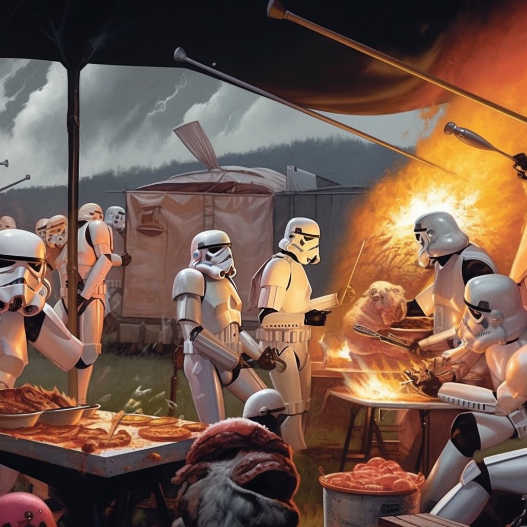 Hsc_SoF's tweet photo. Prompt: Stormtroopers and bbq #midjourney5 #AIArtwork #AIArtCommuity #AIグラビア https://t.co/Y3SxjwbkDZ