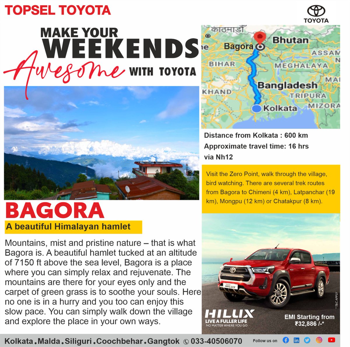 TopselToyota's tweet photo. #WeekendsWithToyota Bagora is one of the very few places where the nature is so beautiful. The place is known for offering a jaw-dropping view of the snow-peaked Mount Kanchenjunga which has lured the minds of many travellers.

#Bagora  #ToyotaIndia #TopselToyota https://t.co/l39oNwYRlU