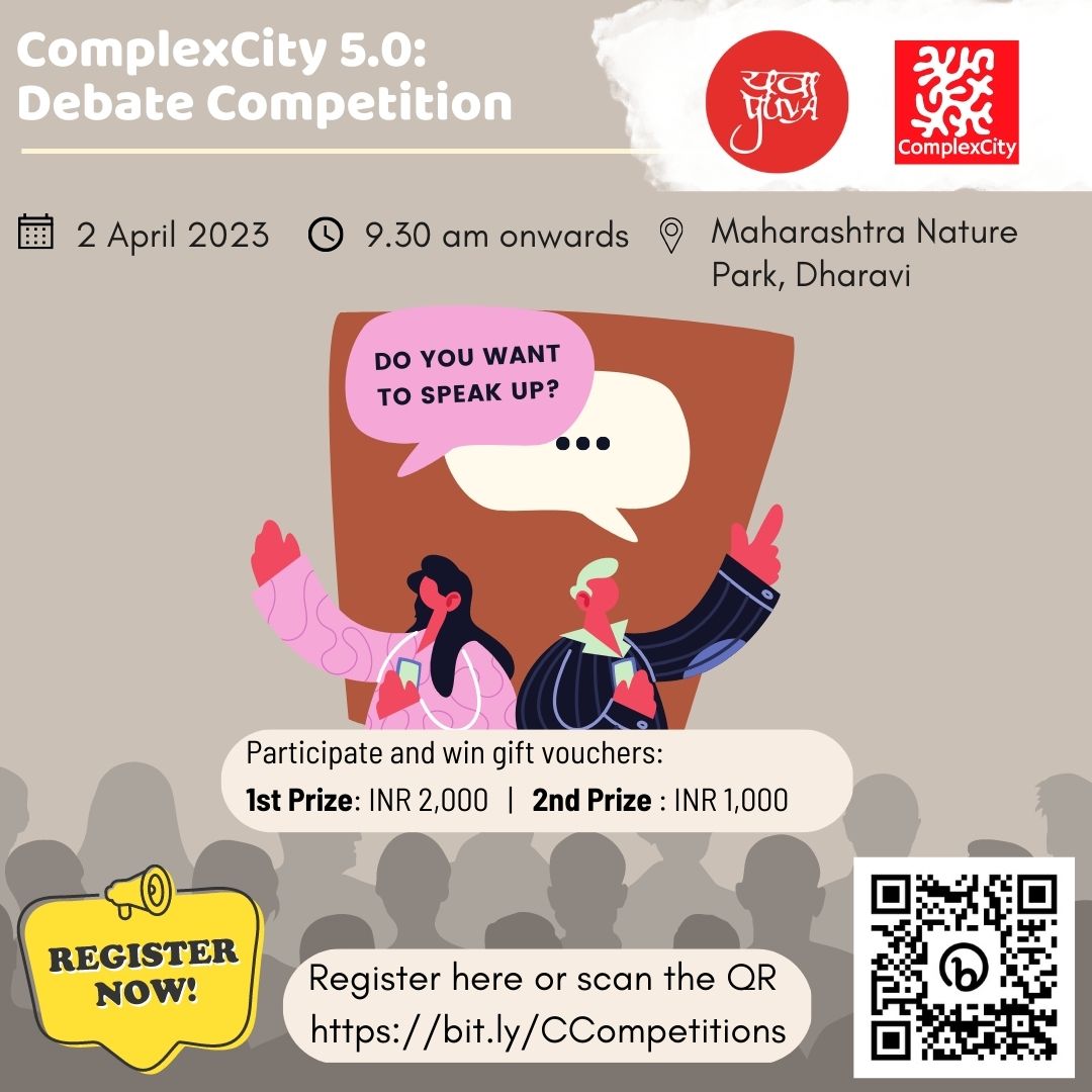 OfficialYUVA's tweet photo. Calling photo enthusiasts, young debaters, poetry champions and poster makers in #Mumbai ! 

#ComplexCity competitions offer the best platform for people in the city to engage with one another, and win exciting prizes too. All details here: https://t.co/fVxtxK2g7D or scan QR code https://t.co/n6W4A4yx44