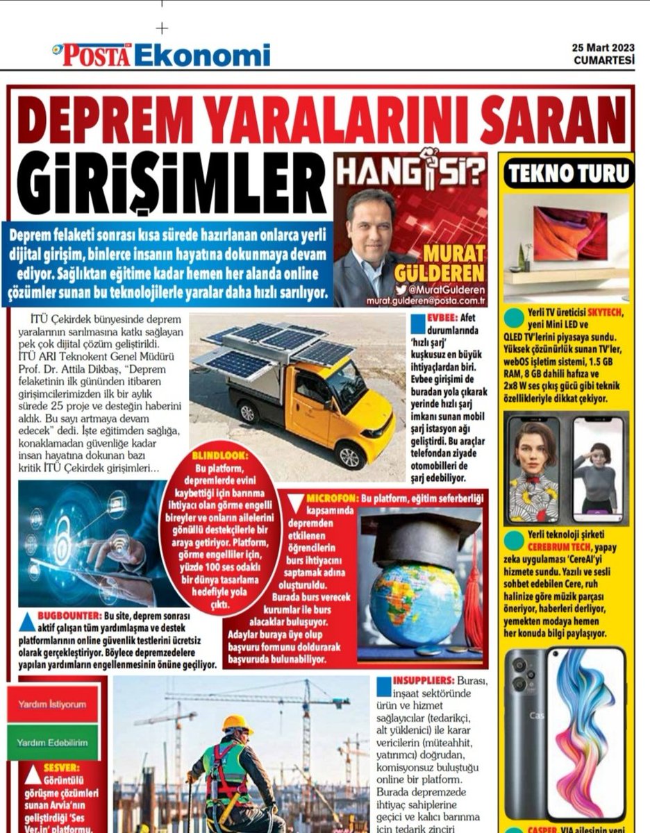 ✏️Deprem felaketi sonrası kısa sürede hazırlanan onlarca yerli dijital girişim, binlerce insanın hayatına dokunmaya devam ediyor. , <a href="/itu1773/">İTÜ - İstanbul Teknik Üniversitesi</a>
posta.com.tr/yazarlar/murat… <a href="/ariteknokent/">İTÜ ARI TEKNOKENT</a> <a href="/itucekirdek/">İTÜ Çekirdek</a> #deprem